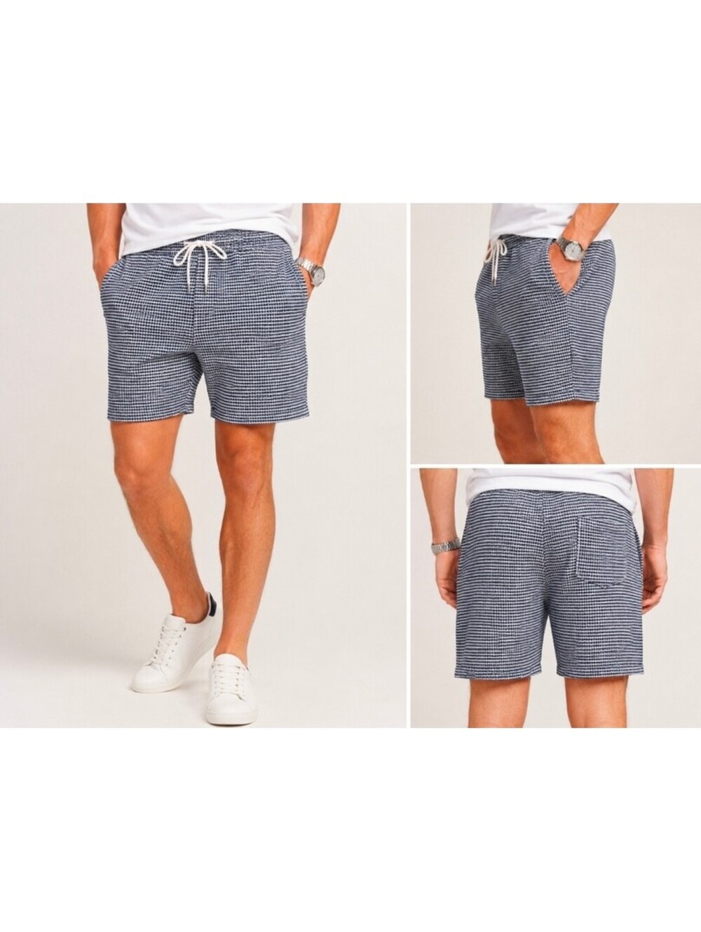 Primark Mens Small Navy White Textured Drawstring Shorts 6" Inseam Casual